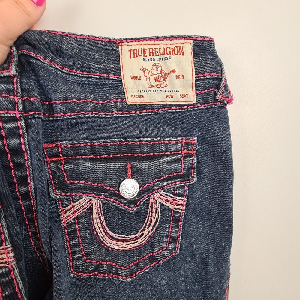 True Religion Becca Low Rise Bootcut Jeans Dark Blue Pink Contrast Stitch Sz 29 - Picture 10 of 10